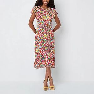 Perceptions Short Sleeve Floral Midi Fit + Flare Dress XL Pink Coral NWT